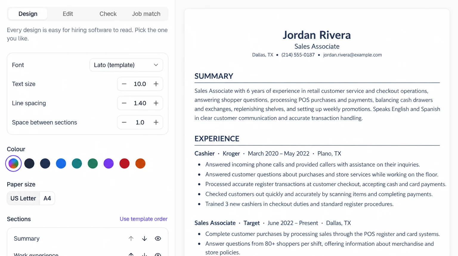 The resume editor showing a finished resume