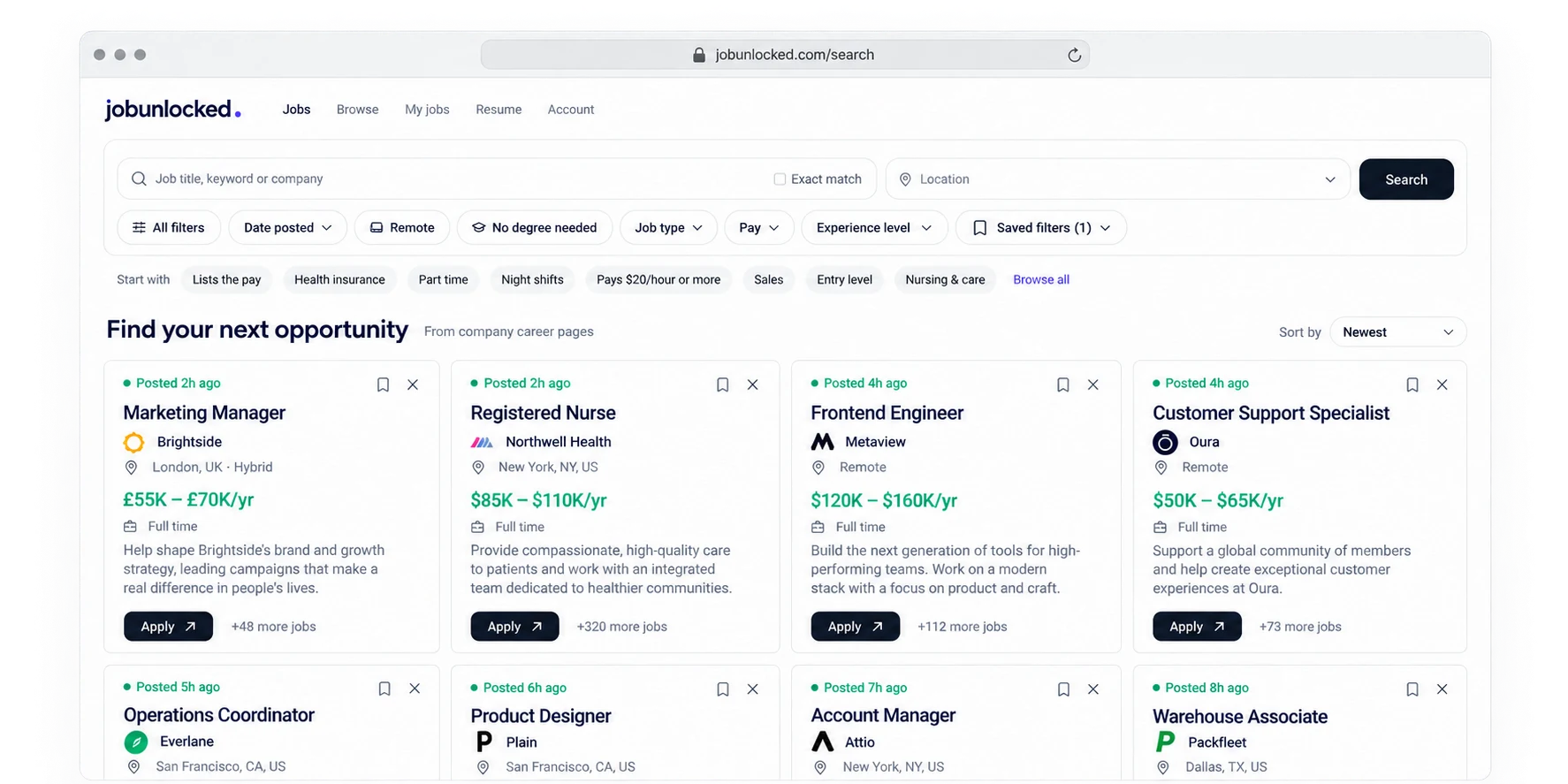 JobUnlocked in a browser, showing job search filters and sample roles in marketing, healthcare, engineering and customer support